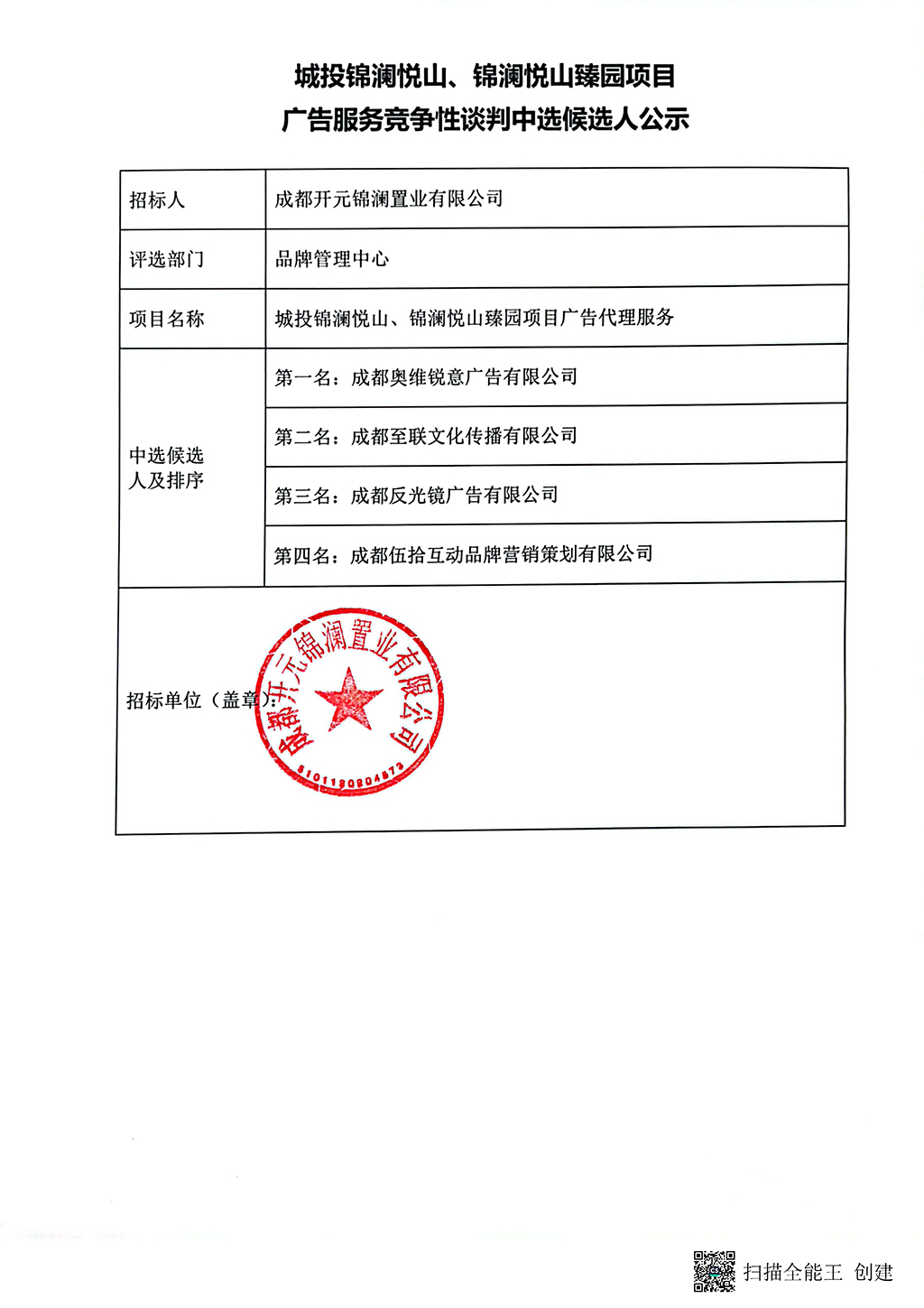 锦澜悦山、锦澜悦山臻园项目广告服务竞争性谈判中候选人公示