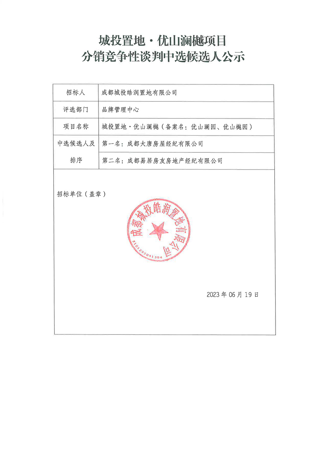 城投置地·优山澜樾项目分销竞争性谈判中选候选人公示(1)
