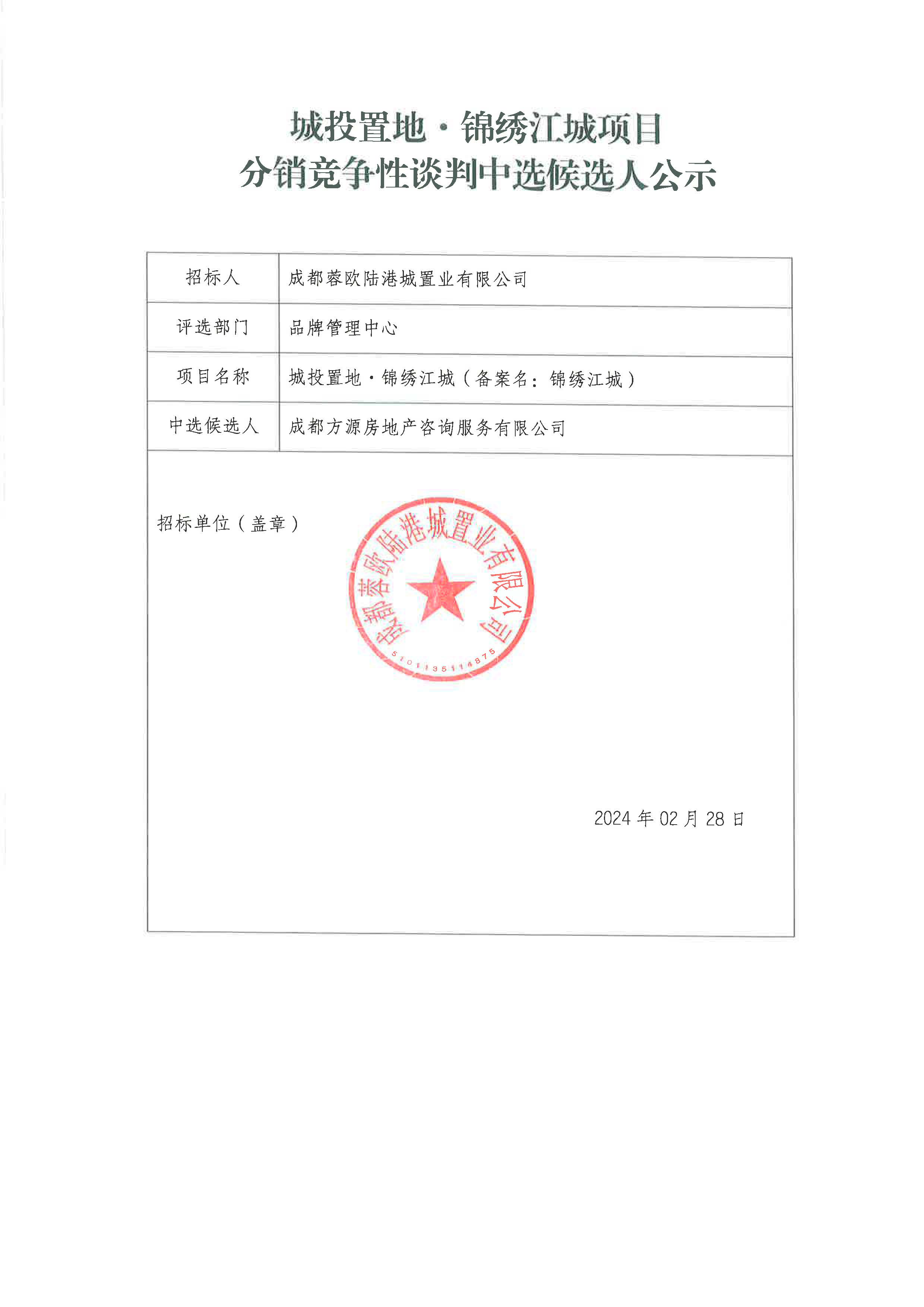 城投置地锦绣江城项目分销竞争性谈判中选候选人公示