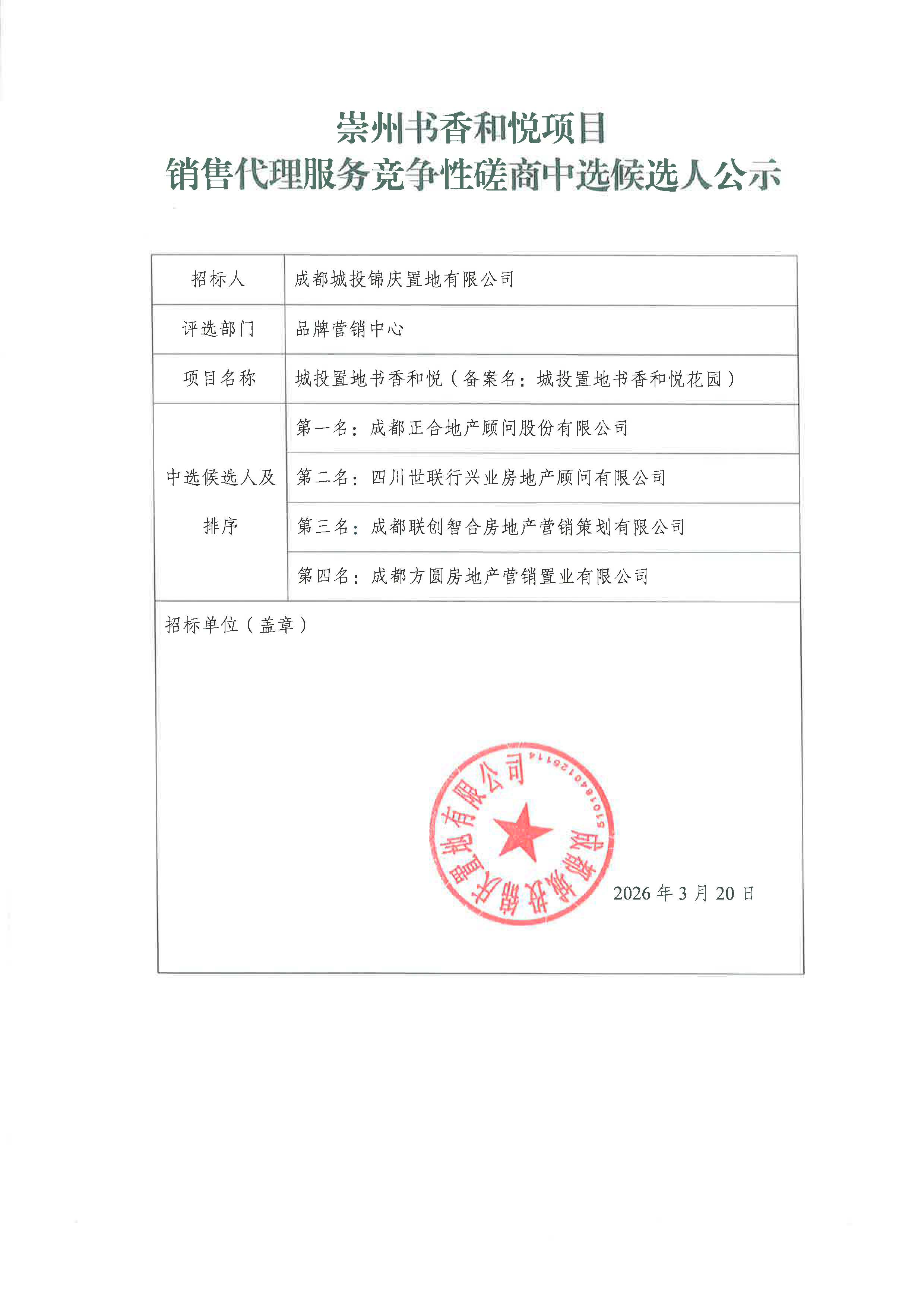 崇州书香和悦项目销售代理服务竞争性磋商中选候选人公示